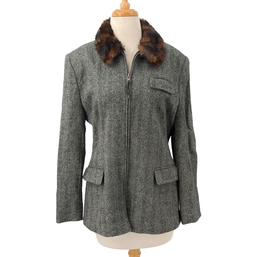 Lauren Ralph Lauren Womens Silk Wool Gray Herringbone Blazer Faux Fur Collar 10